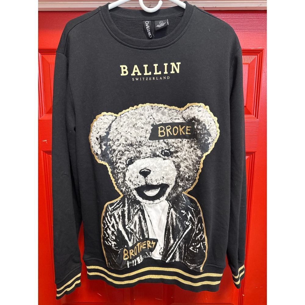Civilized Ballin Switzerland Broke Teddy Bear Sweatshirt Black Gold Large